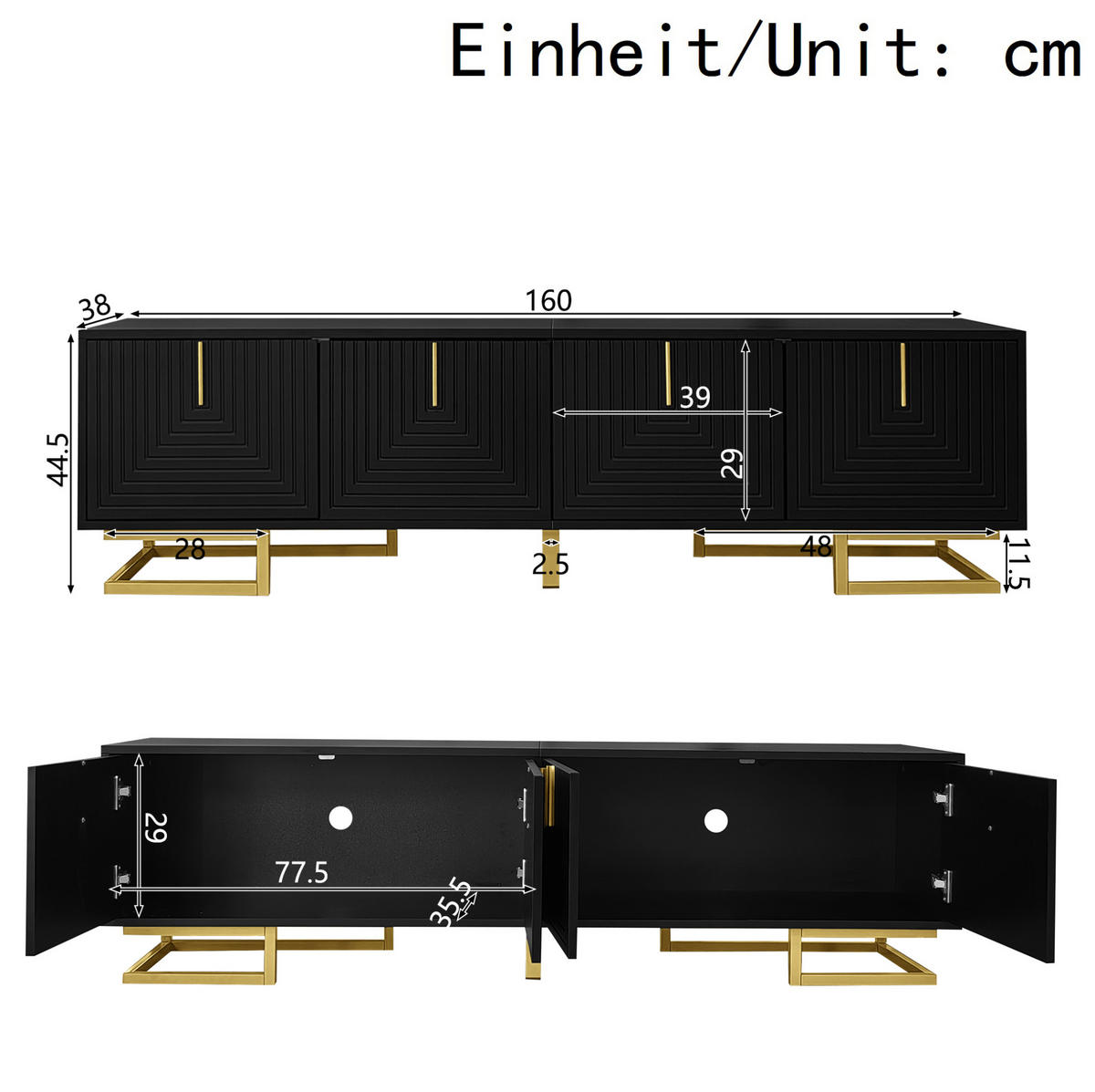 TV-SCHRANK mit 4 Türen 160 x 38 x 44,5 cm Schwarz mit goldfarbenen Details - Schwarz, Holzwerkstoff (38/44.5/160cm) - Beauniv