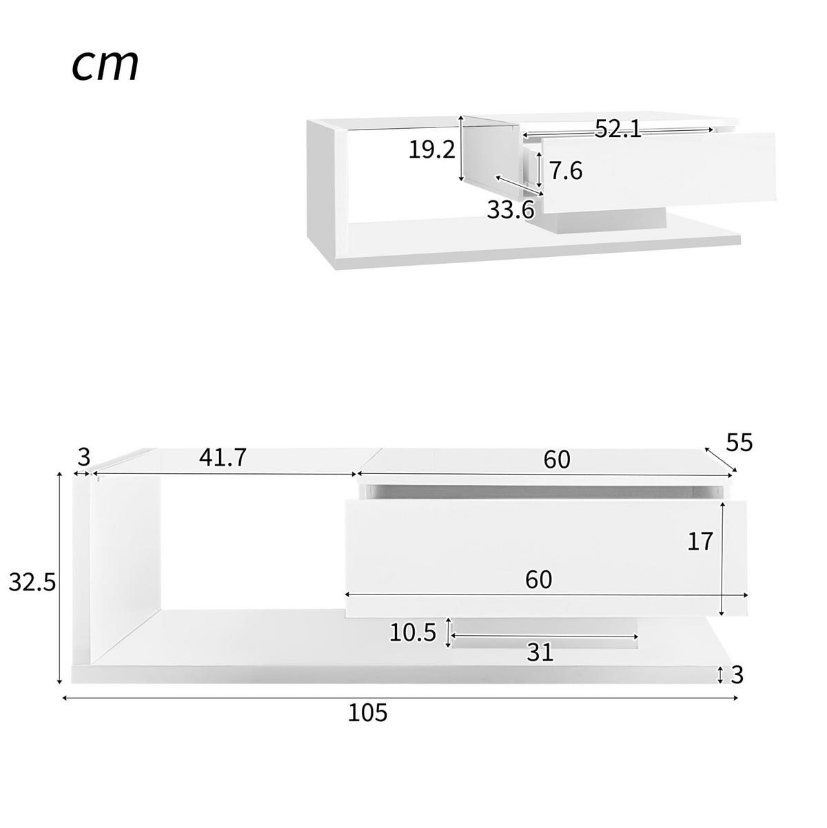 COUCHTISCH 105/55 cm mit Ablagefach, Glasplatte und LED-Beleuchtung - Weiß, Holzwerkstoff (105/55/32.5cm) - BEAOK