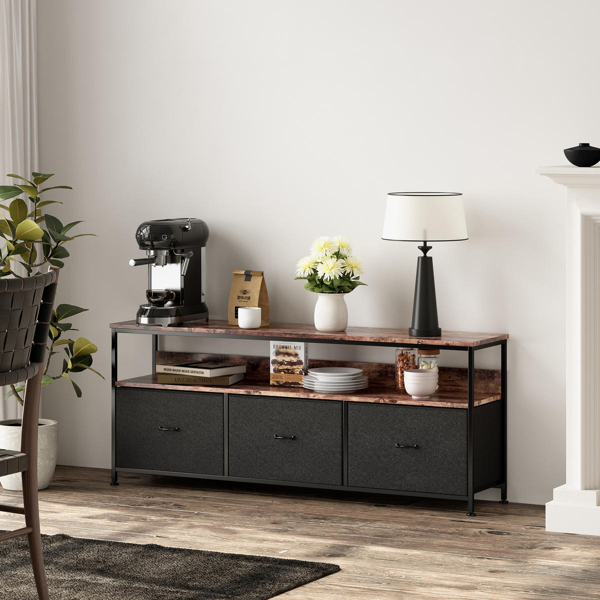 TV-SCHRANK 137 cm mit LED, 3 Stoffschubladen & Offene Fächer - Schwarz, Holz (30/57/108cm)