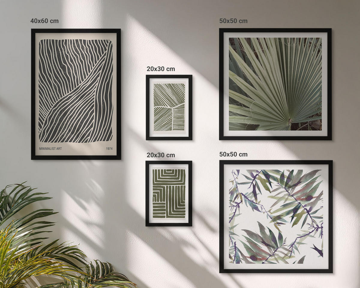 WANDBILDER 5er-Set - 50x50 cm & 20x30 cm & 40x60 cm Schwarzer Rahmen - Formmuster in Grün - Schwarz, Kunststoff (40/60cm) - ArtPrintCave