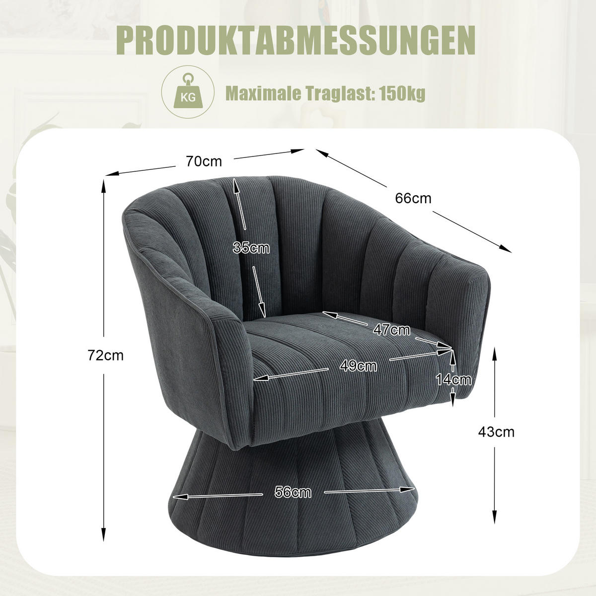 DREHSTUHL Cord Dunkelgrau drehbar - Dunkelgrau, Holzwerkstoff/Textil (70/72/66cm) - WISHDOR