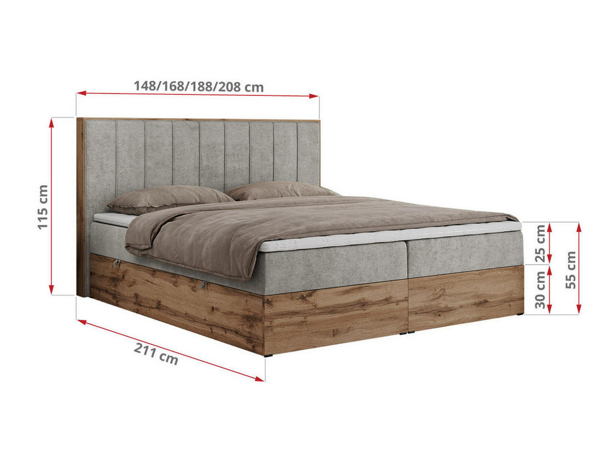 BOXBETT BELLISSIMO 140/200 Hellgrau Struktur - H3 - Hellgrau, Holz/Textil (140/200cm) - MKS
