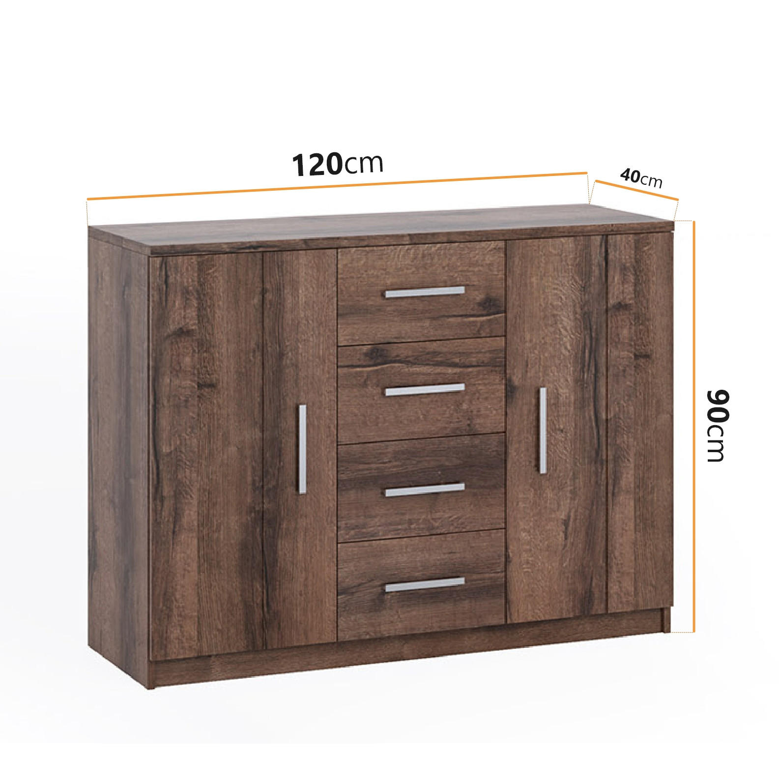 KOMMODE Tamiza 120 cm 4-Schubladen und 2-Türen - Silberfarben/Braun, Holzwerkstoff/Kunststoff (120/90/40cm) - Ravio