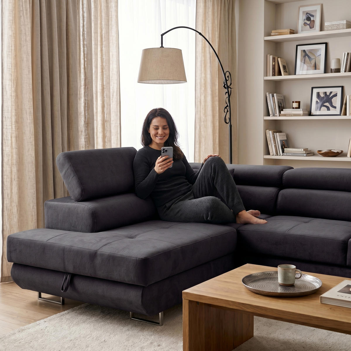ECKSOFA WILD L Links mit Schlaffunktion 127x195 Velours Dunkelgrau - Chromfarben/Dunkelgrau, Holz/Textil (203/274cm) - Muffo