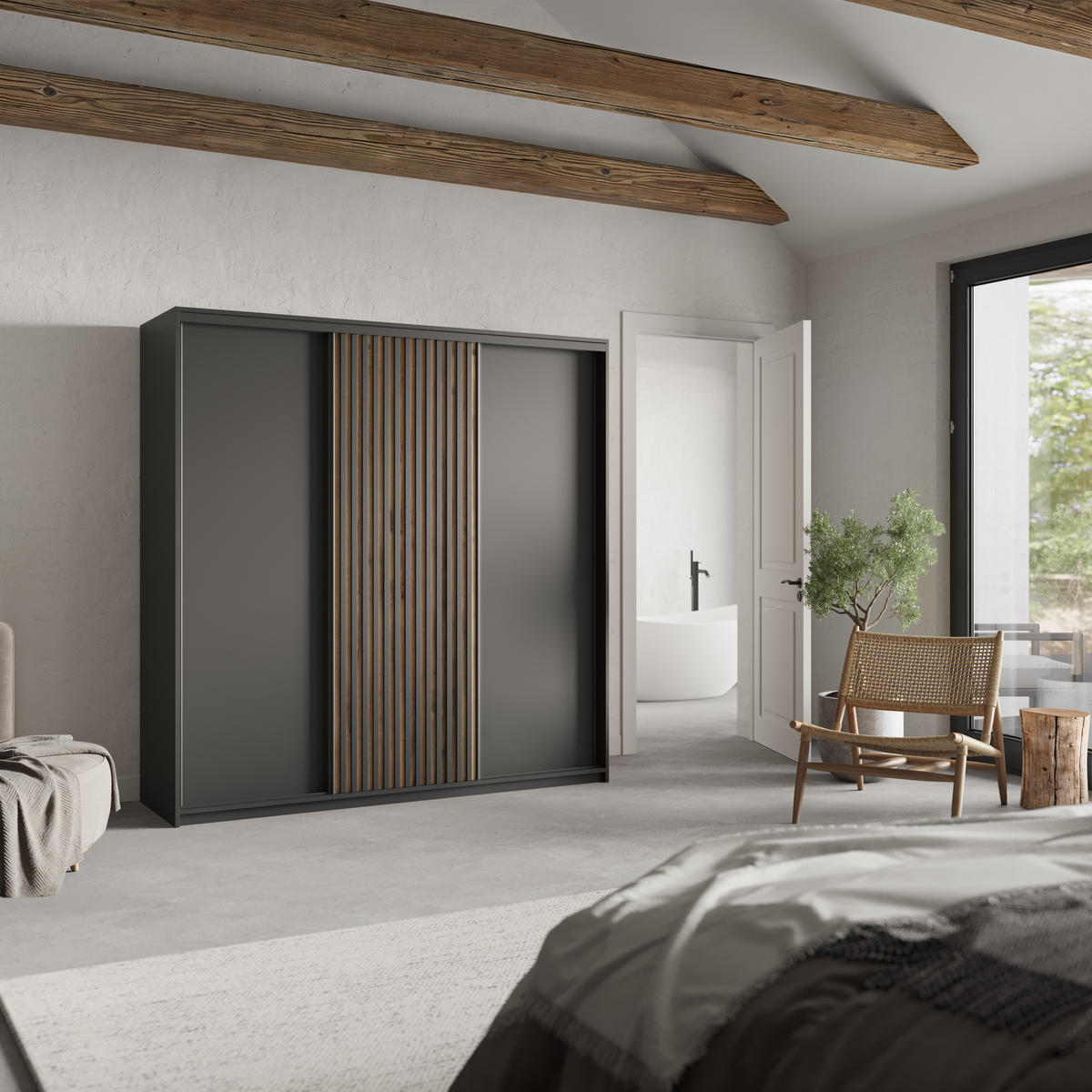 SCHWEBETÜRENSCHRANK VONTE 200/205/60 cm 3-türig mit Lamellen Schwarz - Eiche Wotan/Schwarz, Holzwerkstoff (200/205/60cm) - MASSENO