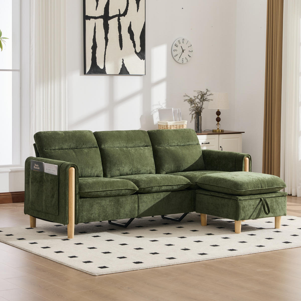 SOFA 201/77/86 cm, 3-sitzig, aus Chenille mit Stauraumhocker - Grün, Textil (77/86/201cm) - Flora Grace