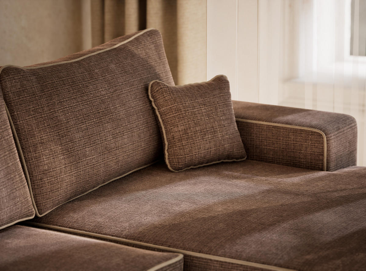 WOHNLANDSCHAFT Deseo Braun-Beige Chenille-Stoff - Beige/Schwarz, Holz/Holzwerkstoff (398/70/148cm) - Maison de Reve