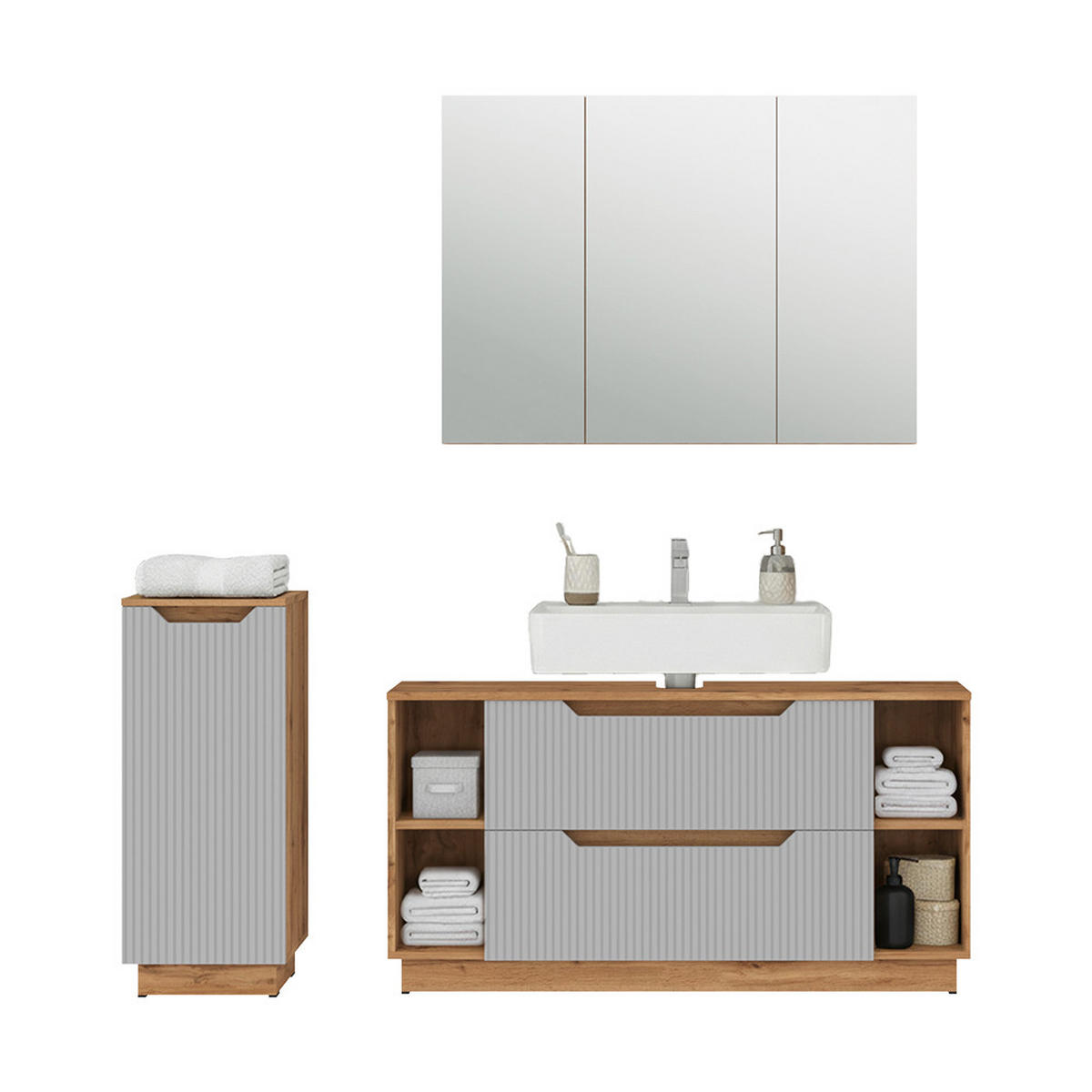 BADMÖBEL-SET Lotta Eiche/grau gestreift 3 Teile - Eichefarben/Grau, Holzwerkstoff (119.2/62.5/35cm) - Vicco