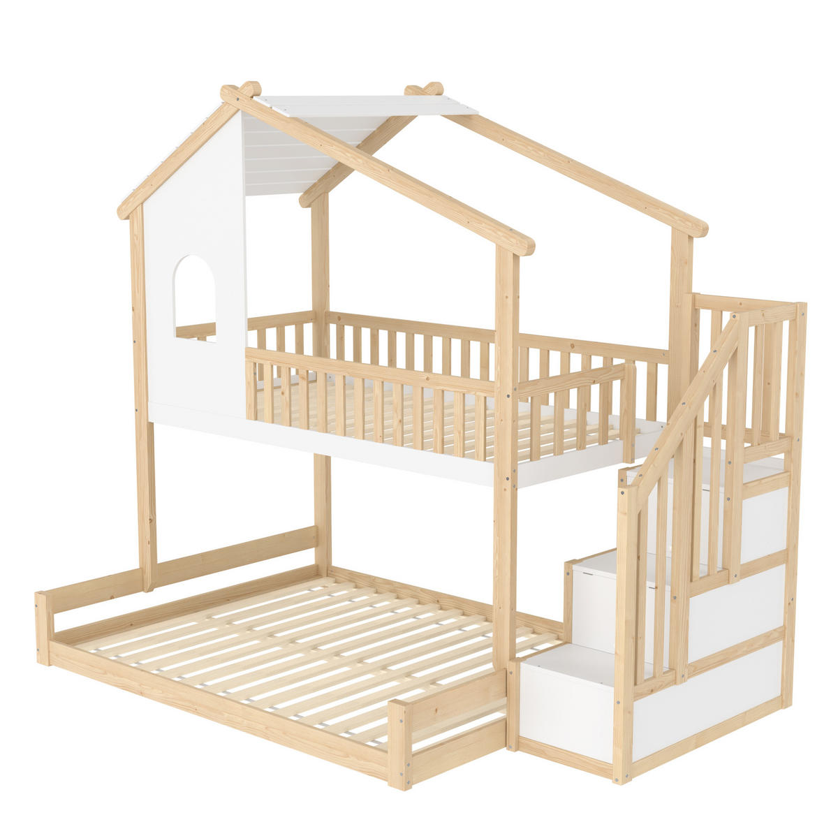 ETAGENBETT 90/200 cm + 140/200 cm in Natur/Weiß mit Stauraumleiter - Naturfarben, Holzwerkstoff (90/200cm) - OKMYHOME