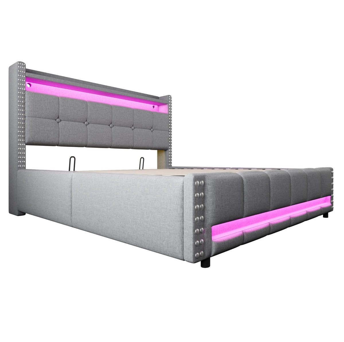 POLSTERBETT mit Stauraum und LED 160x200 cm Leinenstoff Hellgrau - Hellgrau, Metall (160/200cm) - Beauniv