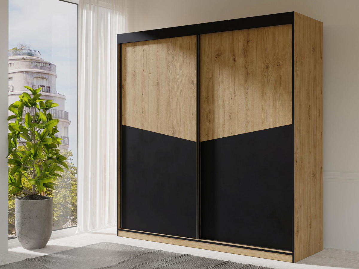 SCHIEBETÜRENSCHRANK Aston 01 - Eichefarben/Schwarz, Holzwerkstoff (200/215/65cm) - MIRJAN24