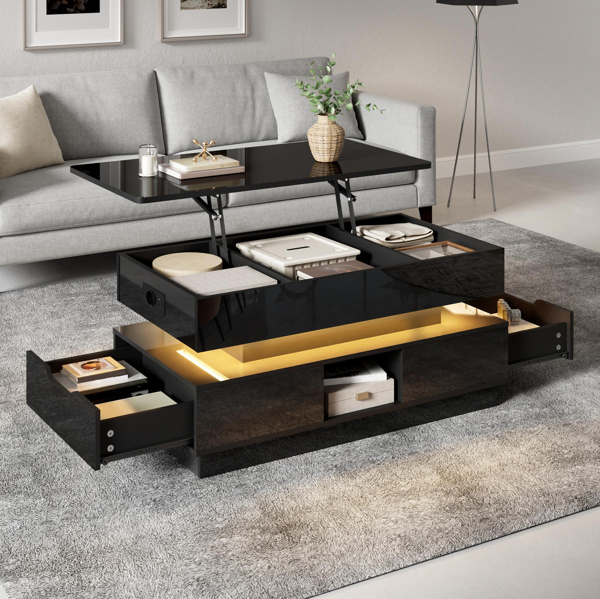 COUCHTISCH höhenverstellbar 90 x 48 cm MDF Schwarz mit Stauraum - Schwarz, Wellpappe (90/48/42.5cm) - Meubliv