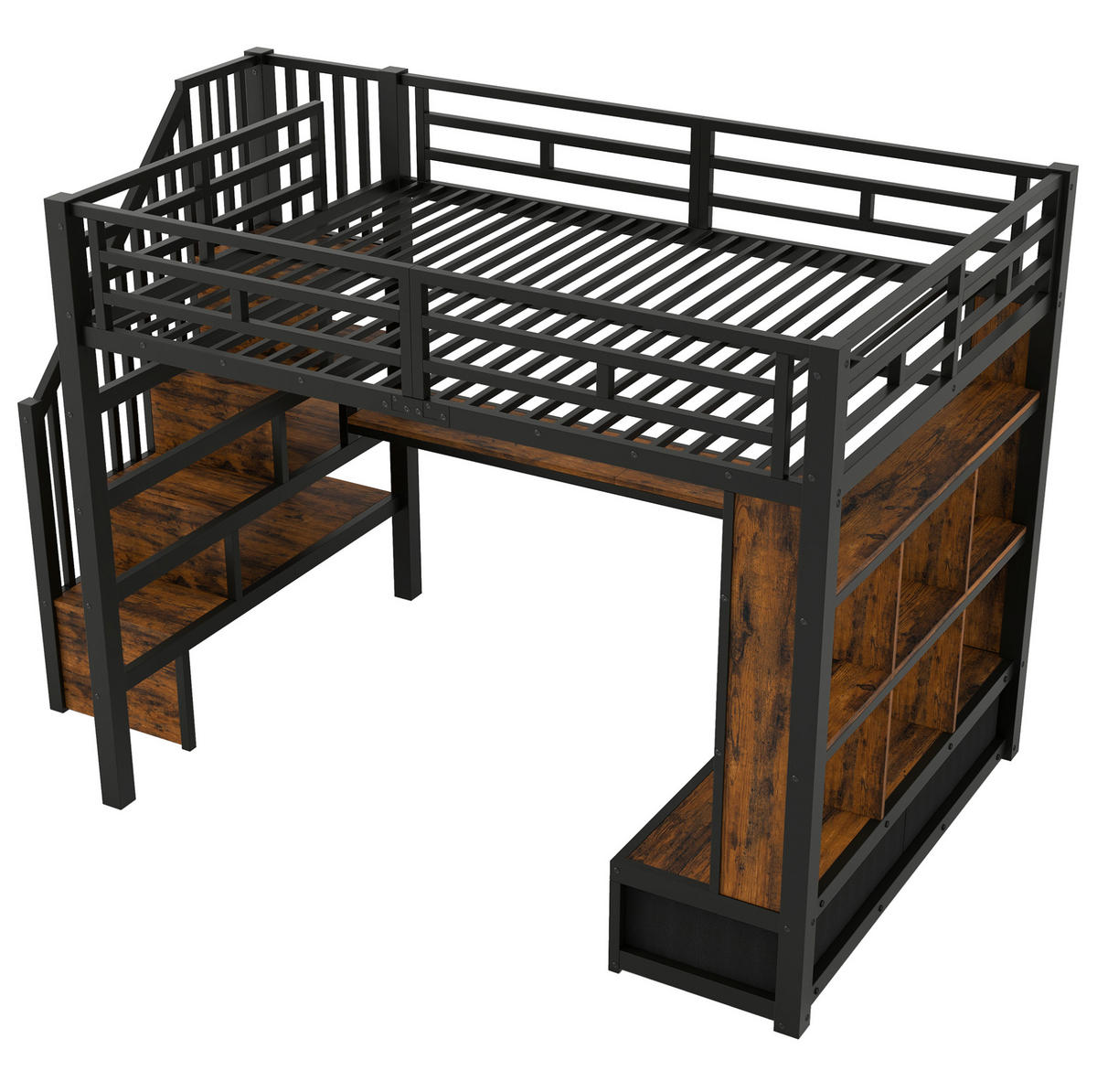 HOCHBETT 140/200 cm mit Schreibtisch, Regalen, 2 Schubladen, Stauraumtreppe und LED-Beleuchtung, Schwarz - Schwarz, Holzwerkstoff (140/200cm) - Redom