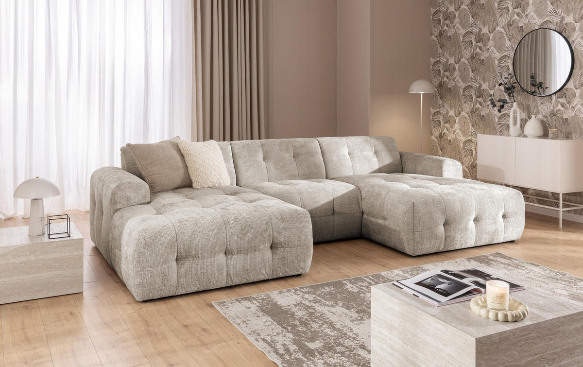 WOHNLANDSCHAFT in U-Form mit raffinierten Steppungen, 6-Sitzer, Wellenunterfederung, B323/T161/H79 cm, Chenille-Bezug in Sand Grau / 21048 - Sandfarben/Greige, Kunststoff/Textil (323/79/161cm) - luma-home
