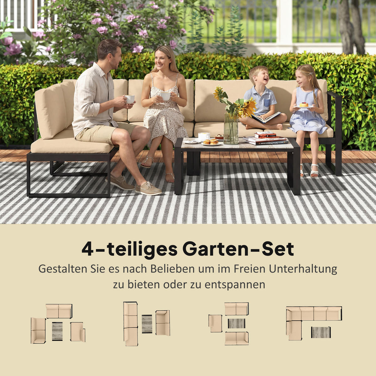GARTENMÖBEL-SET DE-06584 4-tlg. mit 2 Zweisitzern & Couchtisch Khaki - Taupe, Textil/Metall - ComfortXL