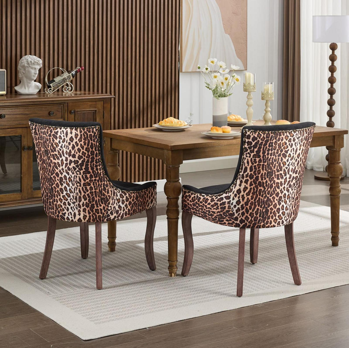 ESSZIMMERSTUHL 2er-Set mit hoher Rückenlehne Chenille Leopard - Schwarz, Holz (55/92.5/61cm) - Meubliv