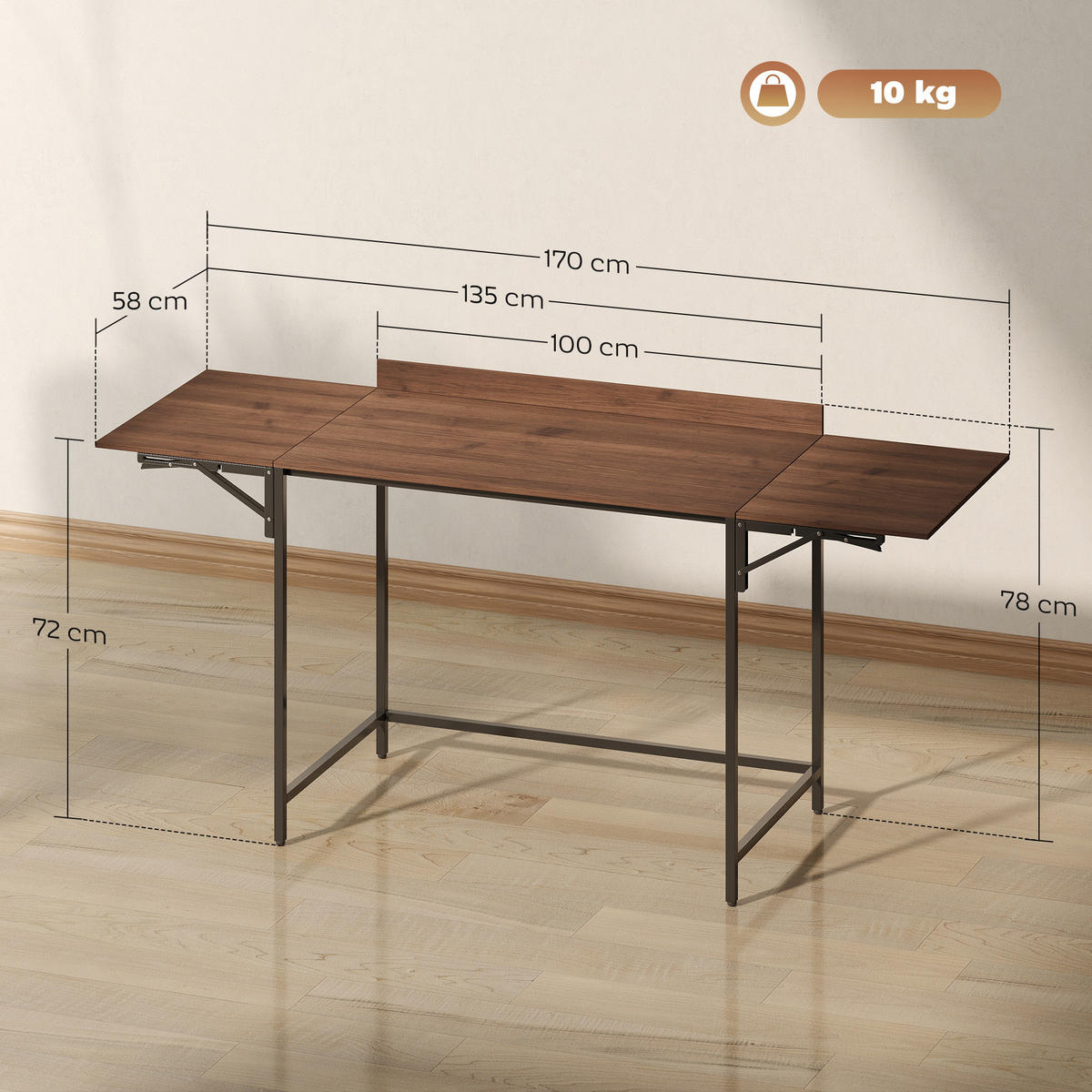COMPUTERTISCH Walnussoptik und Schwarz klappbar 170/58/78 cm - Walnussfarben, Holzwerkstoff (58/170/78cm) - PANGIVO