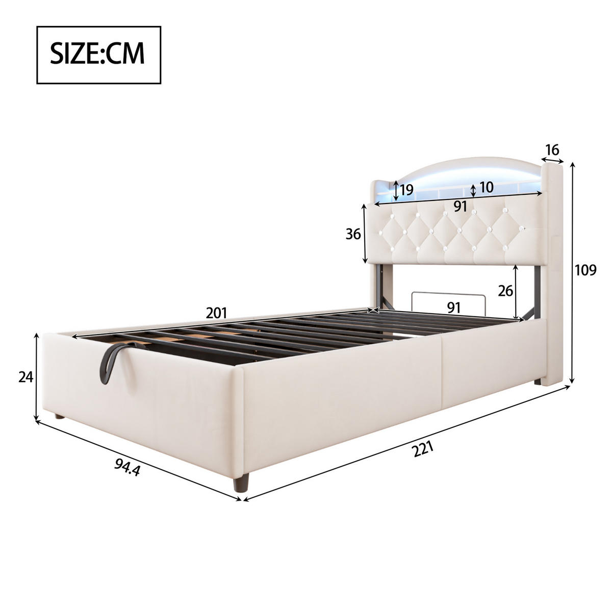 BETT mit Stauraum 90x200 cm Samt Beige mit LED und USB - Beige, Metall (90/200cm) - Meubliv
