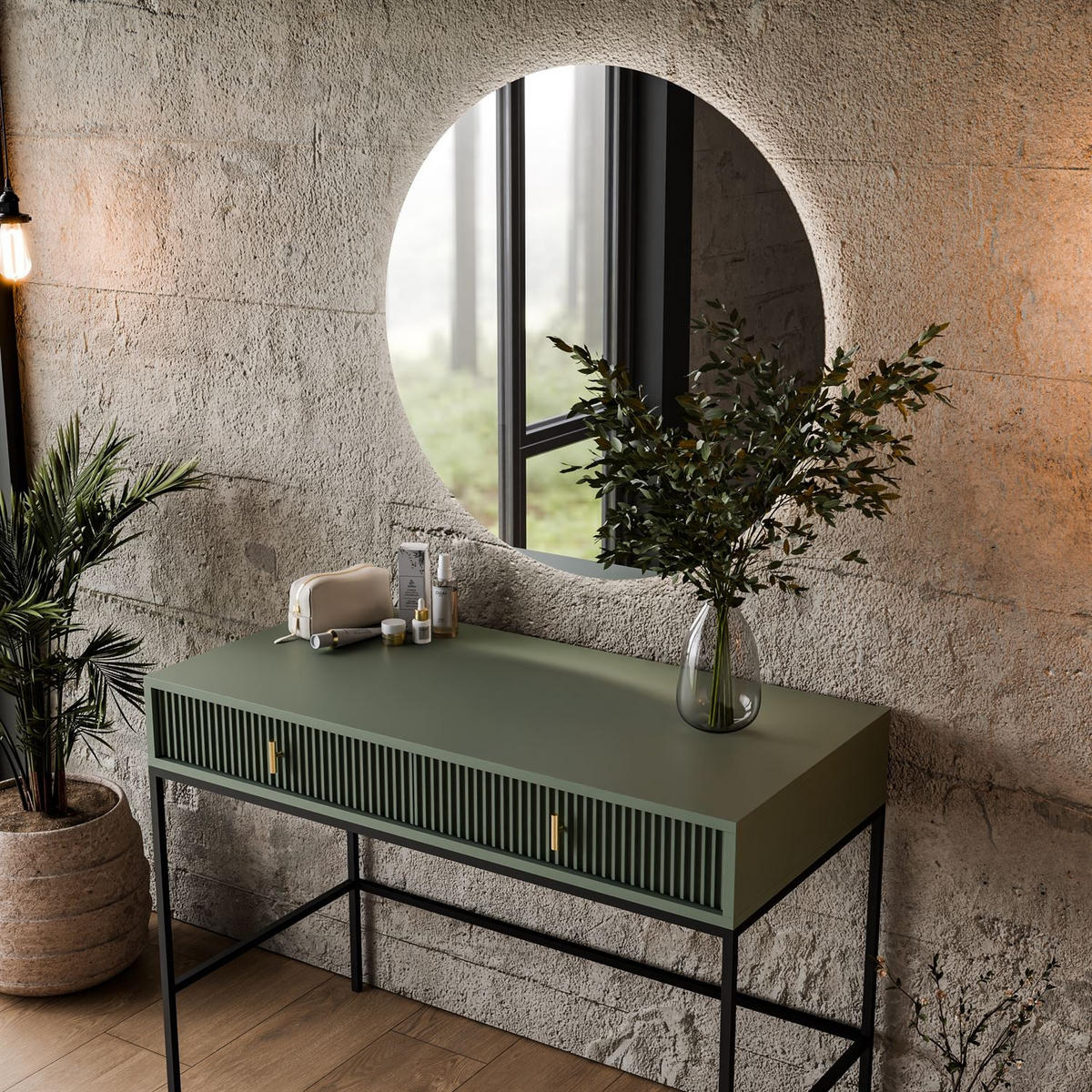 FRISIERTISCH MIDNIGHT auf Gestell mit Spiegel und LED-Beleuchtung grün - Schwarz/Grün, Holzwerkstoff (104/77/50cm) - Lookway