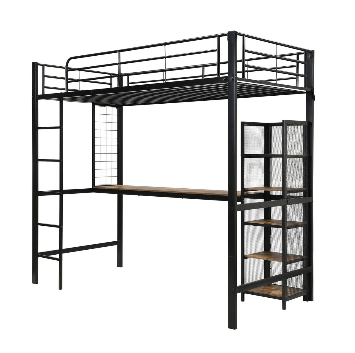 HOCHBETT 90/200 cm schwarz aus Metall mit Tisch und Regal mit Metallgitter - Schwarz, Holzwerkstoff (90/200cm) - OKWISH