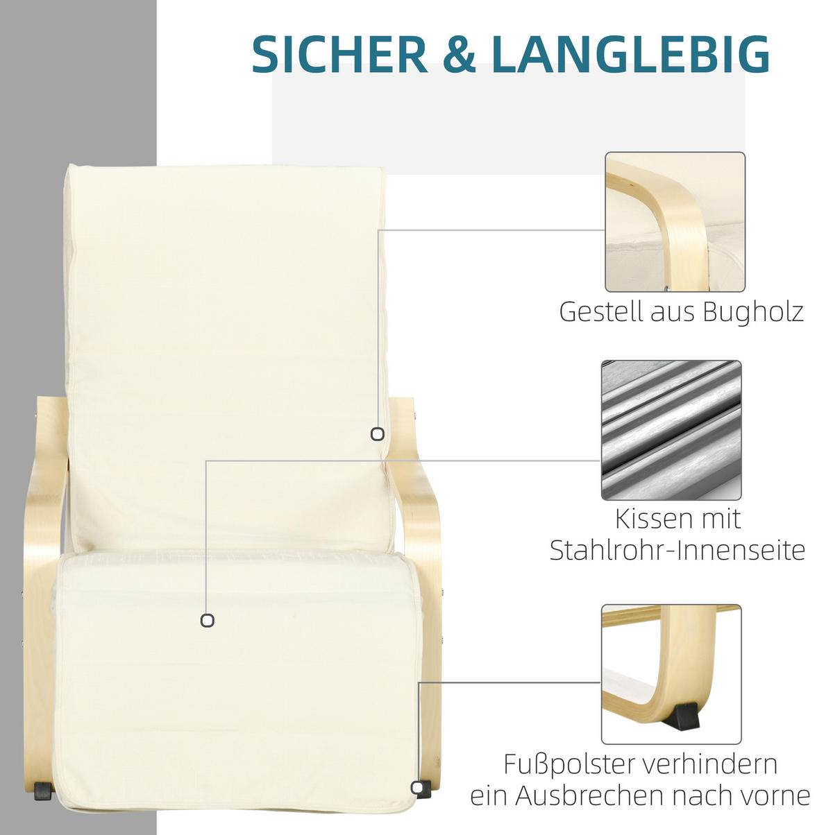 RELAXSESSEL Freischwinger mit verstellbarer Fußstütze Birkenholz, Stoffbezug 66,5/94/100 cm Cremeweiß - Creme, Textil (94/100/66.5cm) - Redom