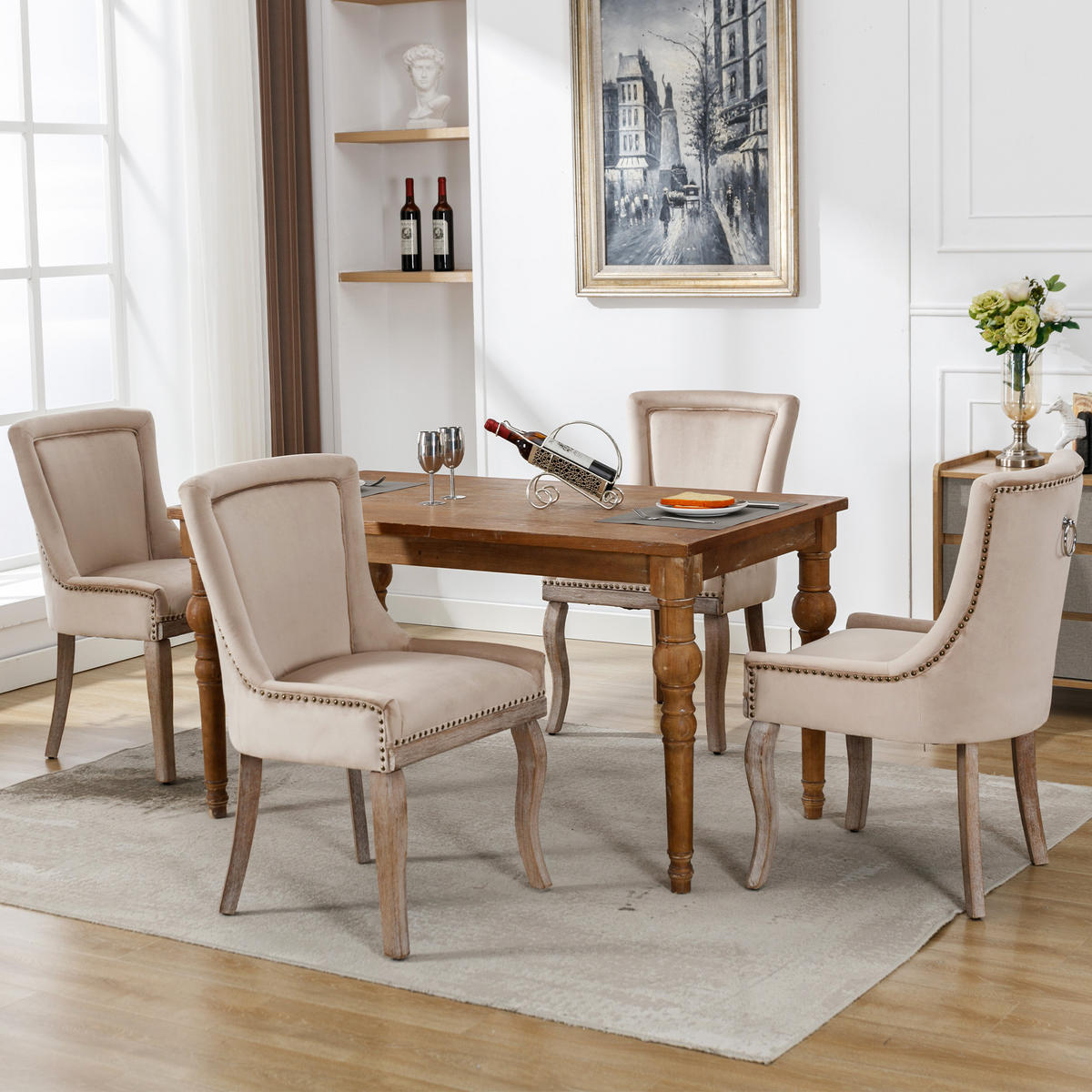 STUHL-SET DE-35921 4 Stück mit Nagelkopfbesatz Beige - Beige, Holz (61/91/55cm) - ComfortXL
