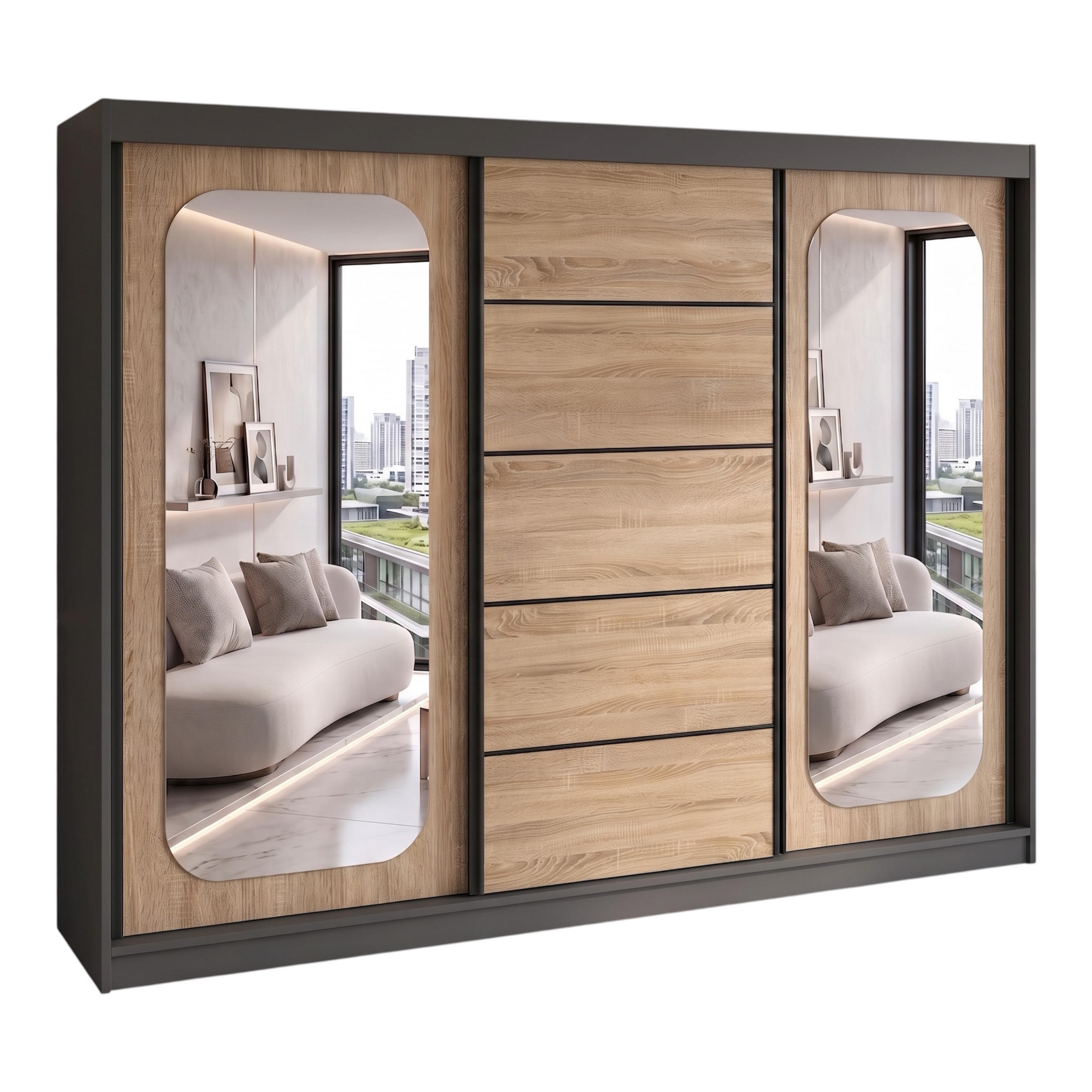 SCHWEBETÜRENSCHRANK BELANO 200 cm. Innenausstattung: Basic - Graphitfarben/Braun, Holzwerkstoff (200/215/59.5cm) - A&J MöbelLand