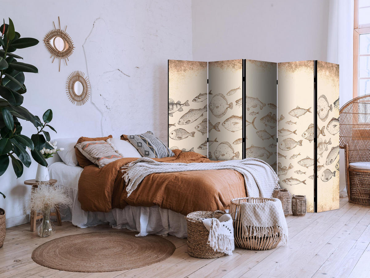 PARAVENT Akustik 5-tlg 225x172 cm Fischschwarm Vintage - Beige, Holz/Textil (225/172/3cm) - Muralo