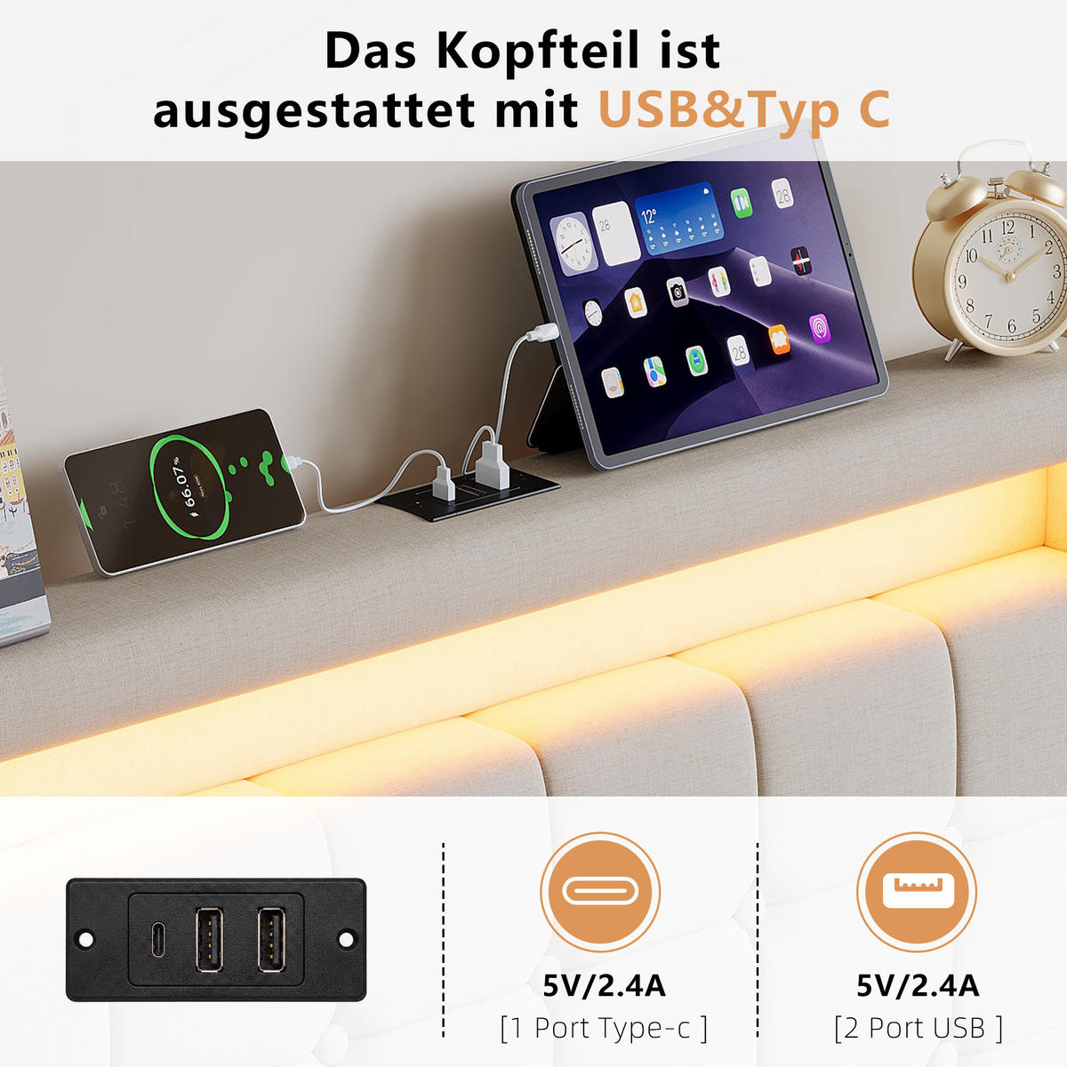 POLSTERBETT 90x200 cm Beige mit LED, Stauraum, USB-C & hydraulischem Lattenrost - Beige, Holz (90/200cm)