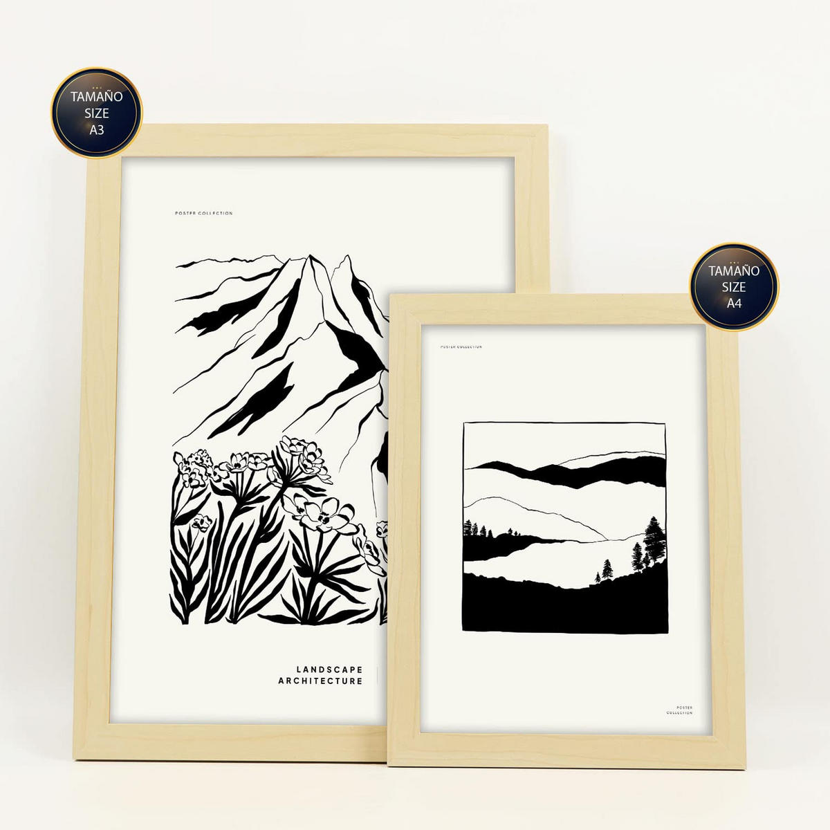 POSTER Set Mit 6 Schwarze Tintenecken Größe A3 & A4 Rahmen aus hellem Holz - Beige, Papier (29.7/1cm) - Nacnic