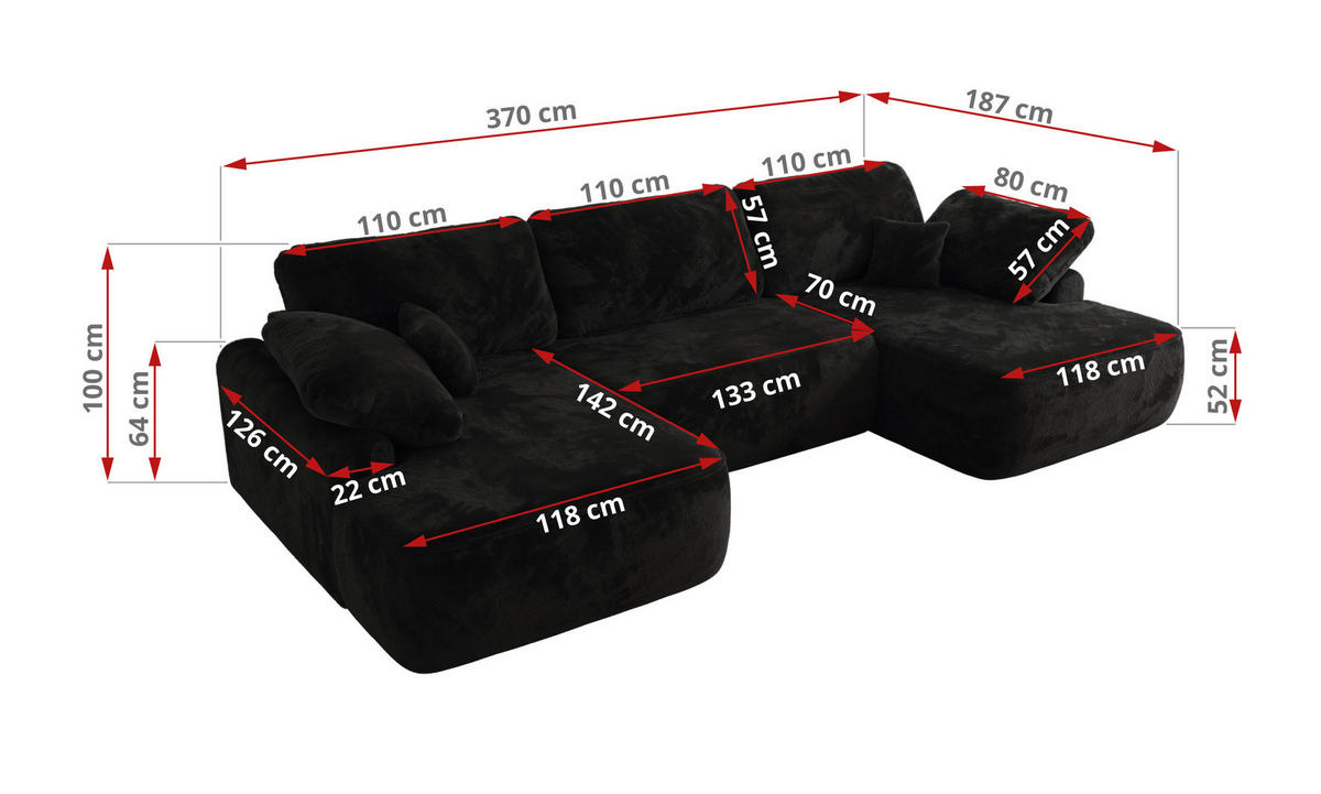 WOHNLANDSCHAFT CUBO U Schwarz Plüsch - Schwarz, Kunststoff/Textil (370/100/187cm) - MKS