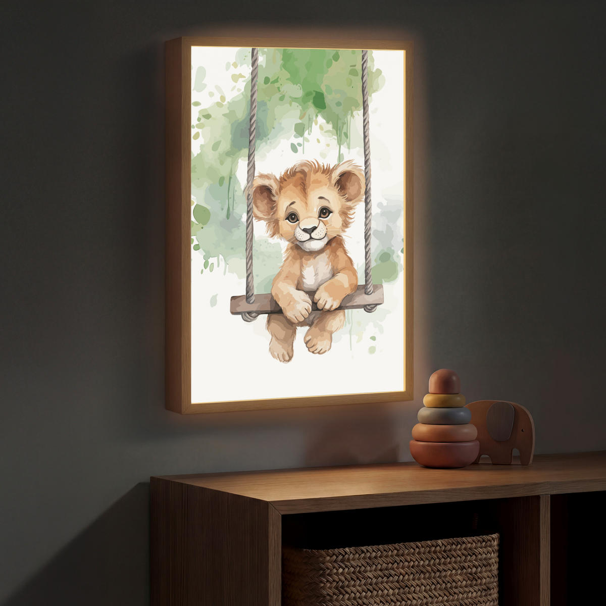 NACHTTISCHLAMPE MIT AKKU Löwe - Tier - Kinder - Dschungel 40x60 cm - Weiß, Holzwerkstoff (8/40/60cm) - OnlyWow