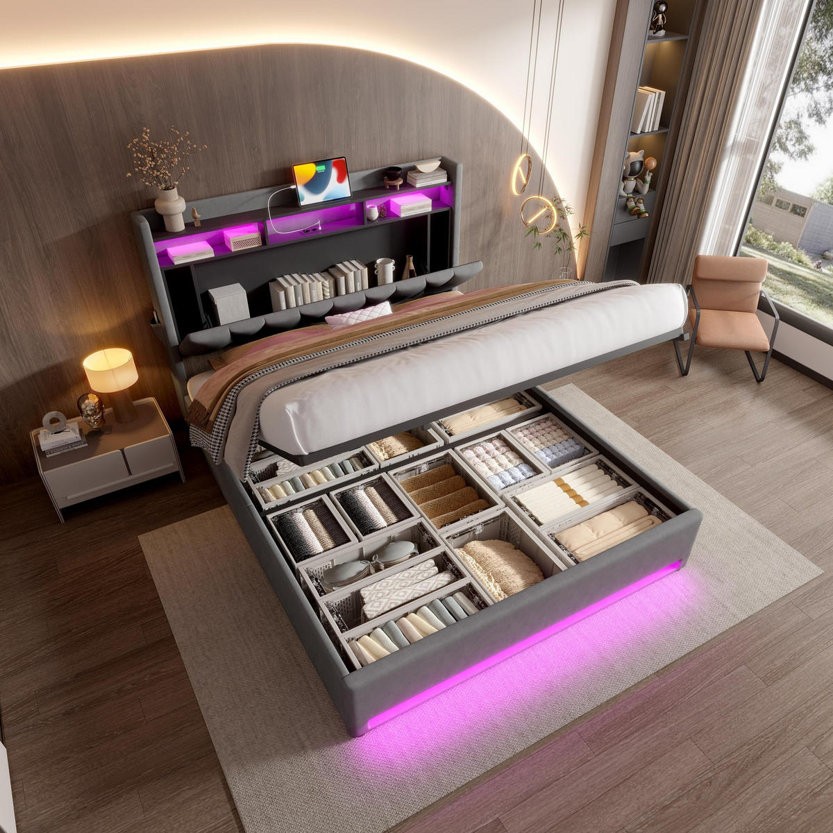 BOXBETT 160/200 mit Bettkasten, LED, USB/Typ C-Ladeanschluss,Samt,Grau - Grau, Metall (160/200cm) - LVHOM