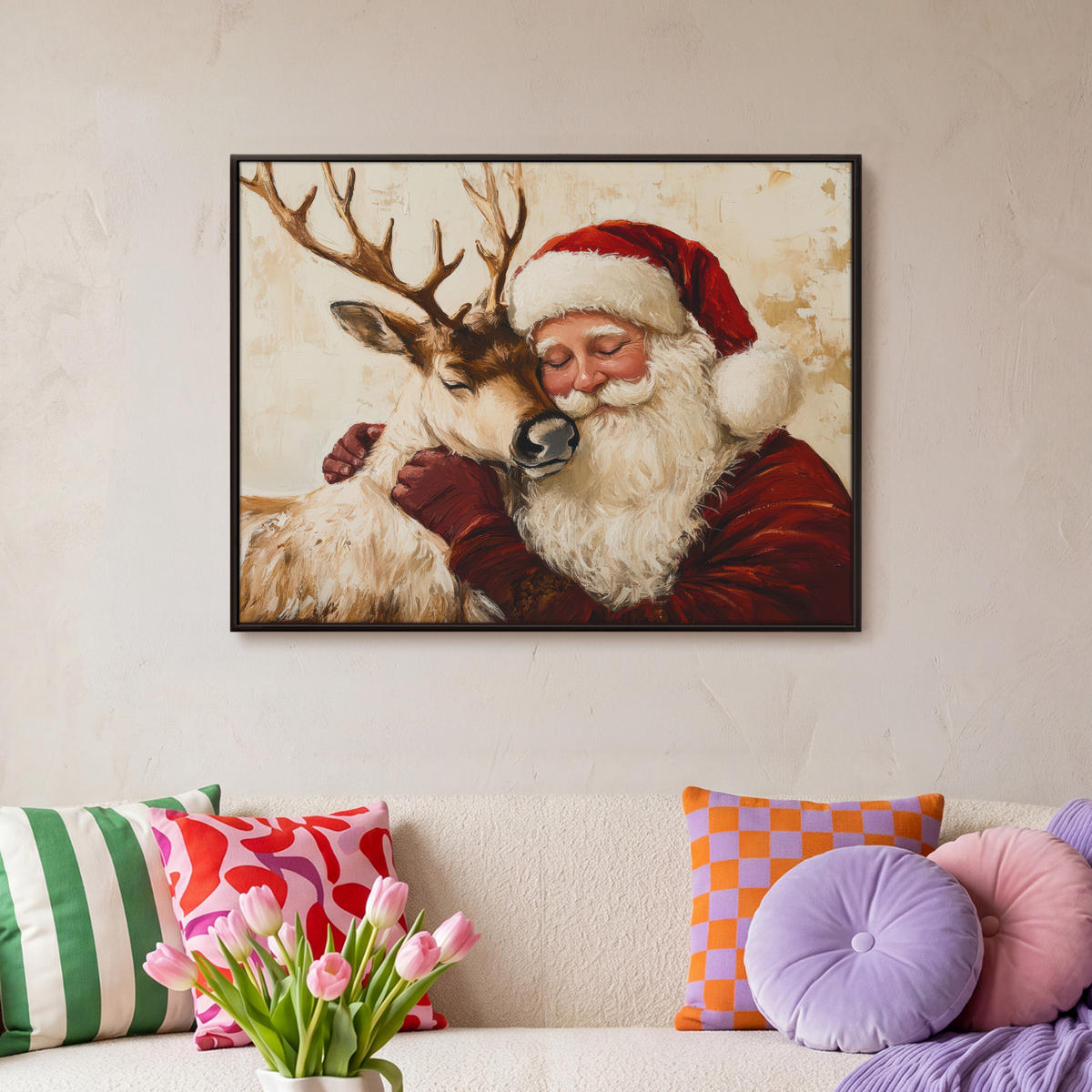 LEINWAND Bilder mit Rahmen - Weihnachtsmann - Rentier - Weihnachten - 80x60 - Rotbraun, Textil (80/60cm) - MuchoWow