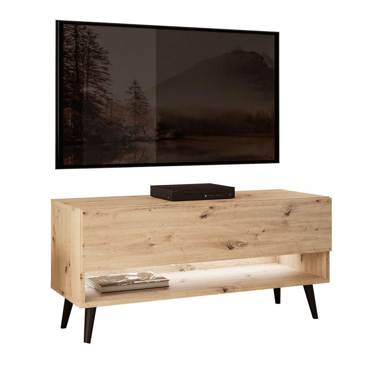 LOWBOARD TV-Schrank CALANTE 90 loft cm auf schrägen schwarzen Beinen - Schwarz/Eiche Artisan, Holzwerkstoff/Metall (90/43/35cm) - Lookway