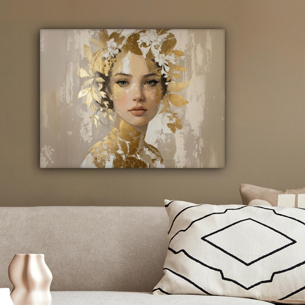 LEINWANDBILD Gesicht - Frau - Blätter - Gold Wandbild 40x30 cm - Beige, Textil (40/30cm) - MuchoWow