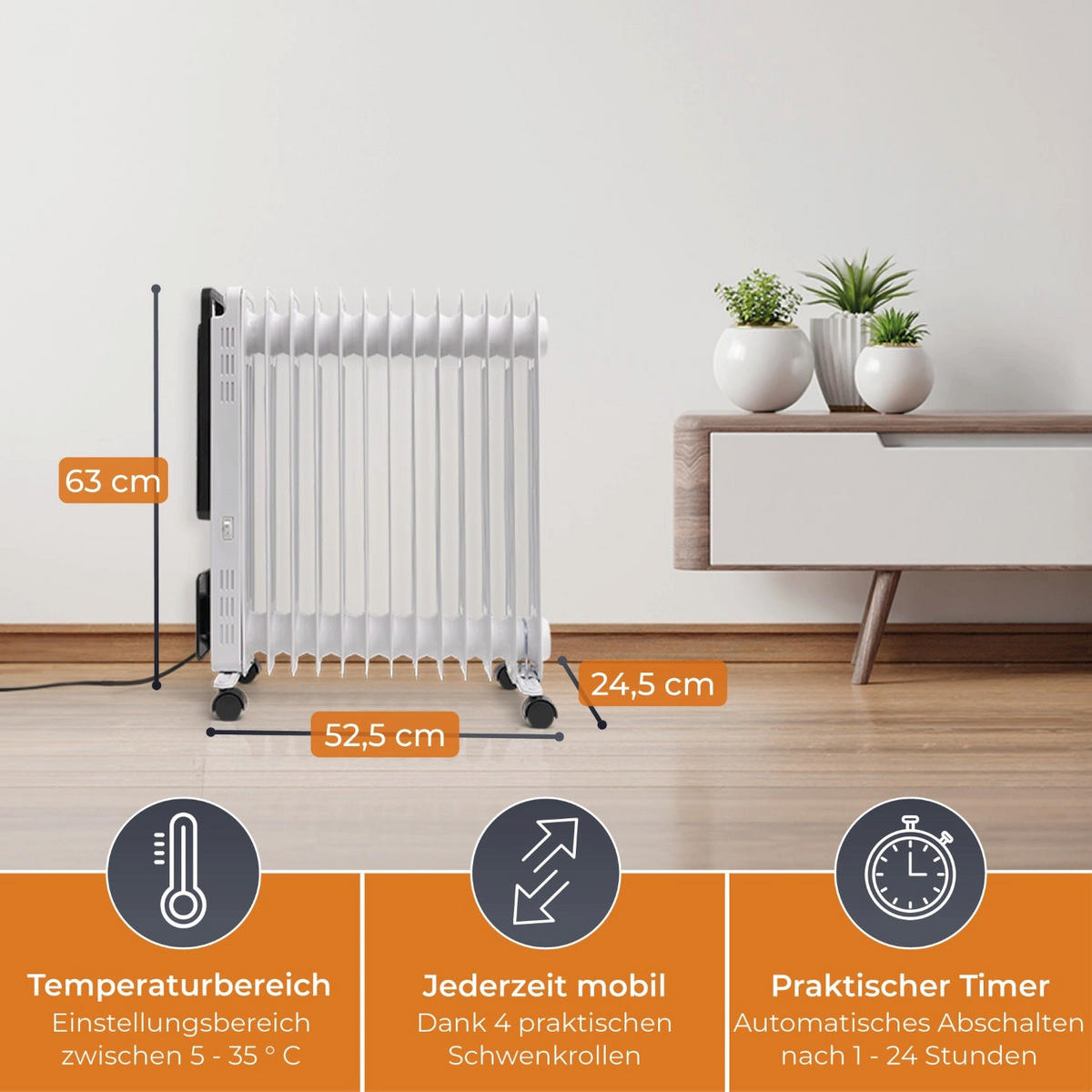 ÖLRADIATOR Weiss Mobile Elektroheizung - Weiß, Metall (25/63/52cm) - KLAMER