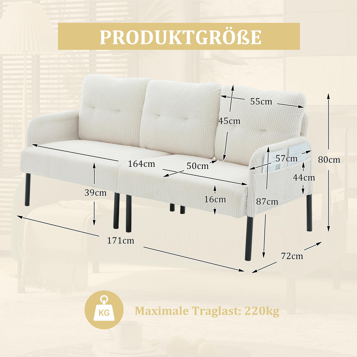 3-SITZER Sofa mit Seitentaschen, Metallgestell & Leinenstoff, 171cm, Beige - Beige/Schwarz, Textil/Metall (171/80/72cm) - LVHOM