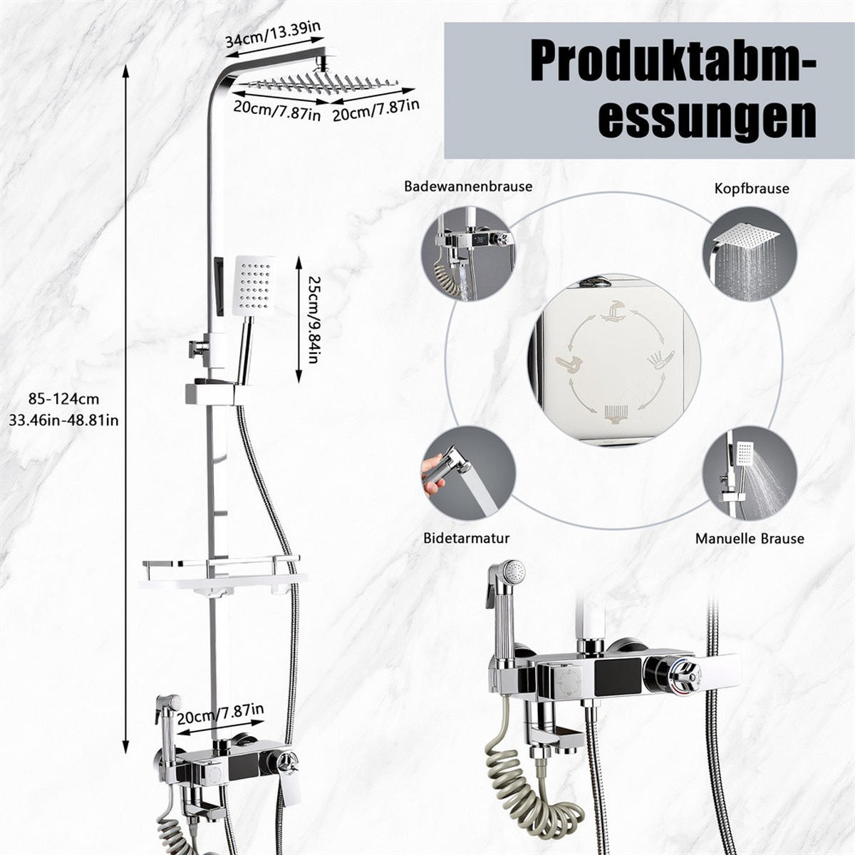 DUSCHSYSTEM Thermostat mit Digitalanzeige quadratische Regendusche ABS - Regenduschkopf mit Handbrause - Silberfarben, Metall (34/124/20cm) - DELFA