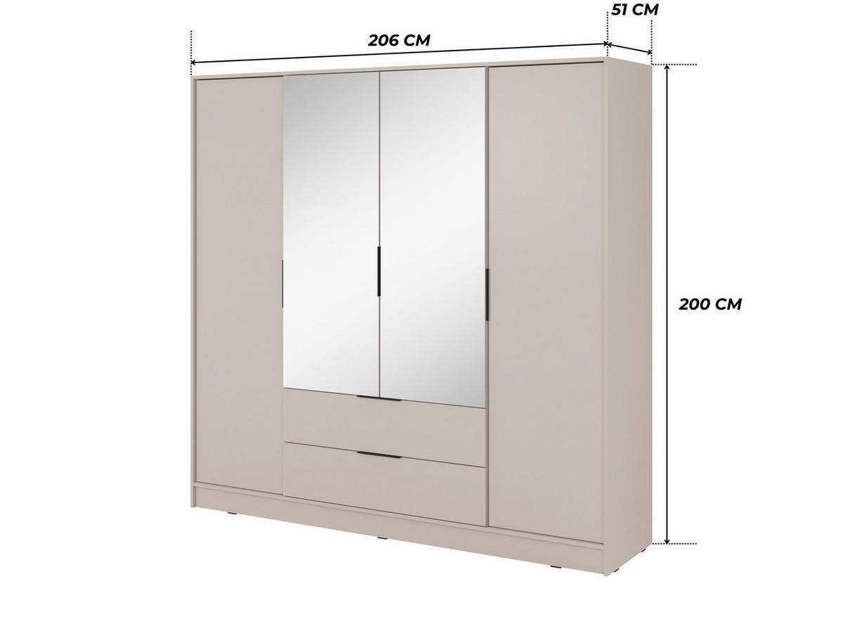 GROSSER Kleiderschrank RICADI 4DL (Kaschmir, Spiegel, 4 Türen, 2 Schubladen, Kleiderstange, Kunststoffgriffe) - Kaschmir/Schwarz, Holz/Holzwerkstoff (206/200/51cm) - Ravio