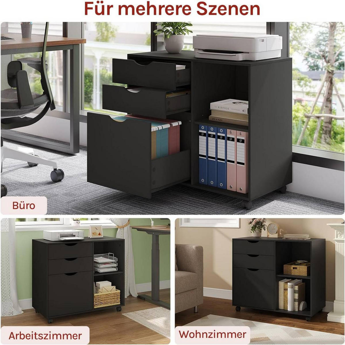ROLLCONTAINER mit 3 Schubladen,5 Rollen, Schwarz - Schwarz, Holzwerkstoff (80/69.5/39.5cm) - Woltu