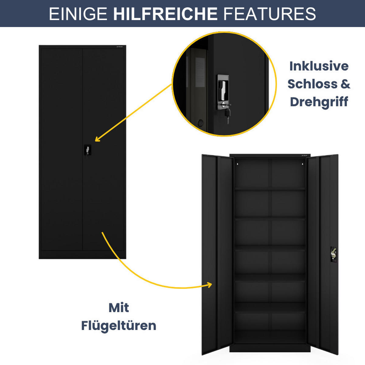 AKTENSCHRANK abschließbar KADO Flügeltüren 220x90x40cm Schwarz - Schwarz, Metall (90/220/40cm) - DELUKE