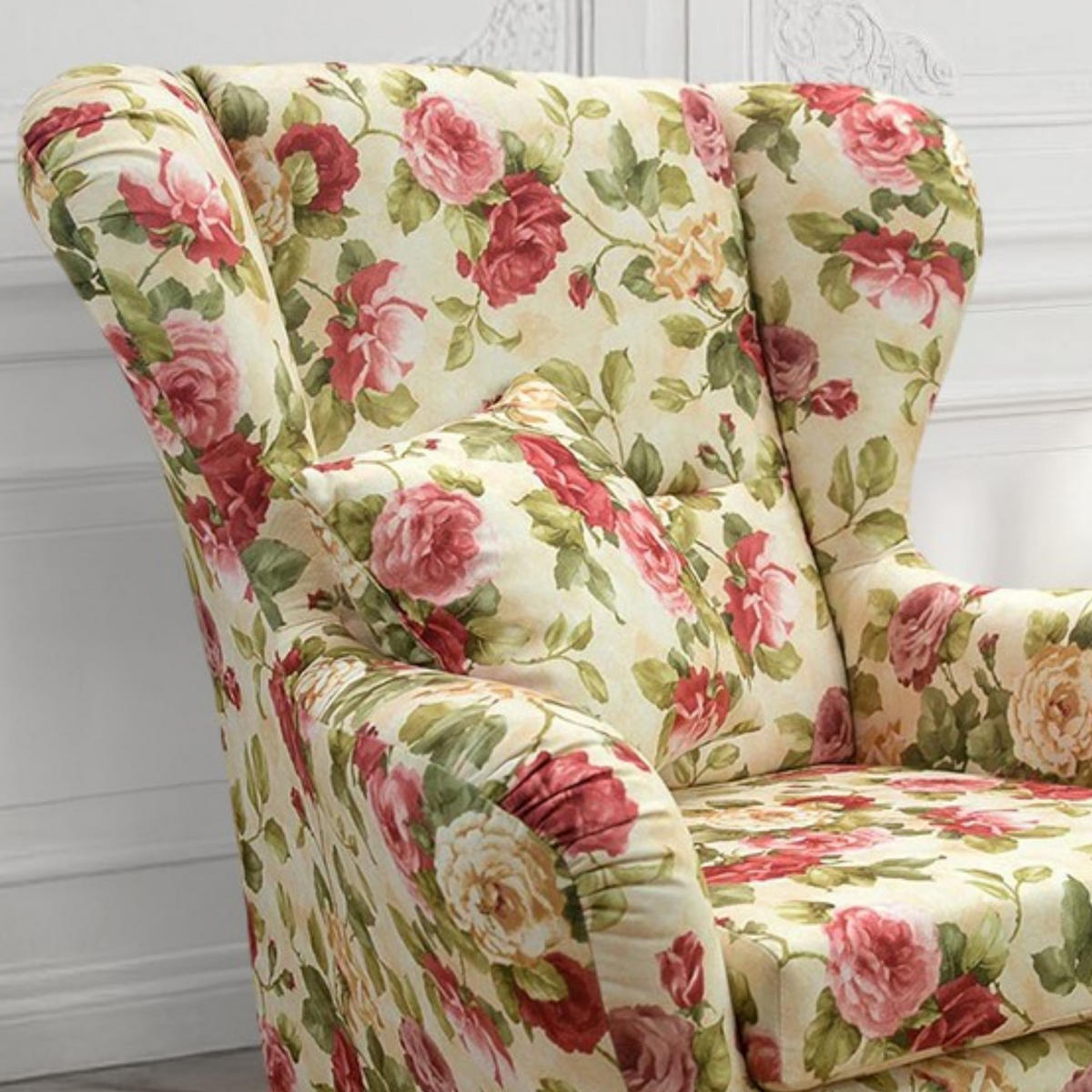 OHRENSESSEL mit HOCKER, hoher Sitzkomfort durch Wellenunterfederung B90/H98/T76 cm, Webstoff Blumenmuster bunt / 18004 - Beige/Multicolor, Holz/Textil (90/98/76cm) - luma-home