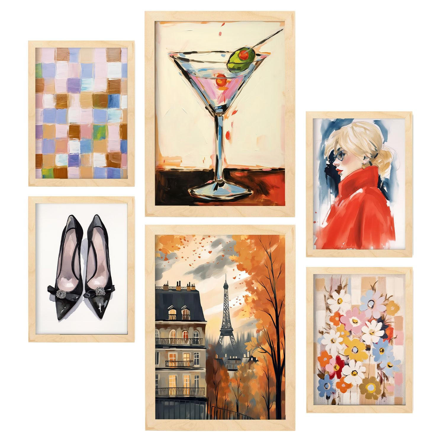 POSTER Set Mit 6 Cocktail In Paris A3 & A4 Rahmen Aus Hellem Holz - Beige, Papier (29/3cm) - Nacnic