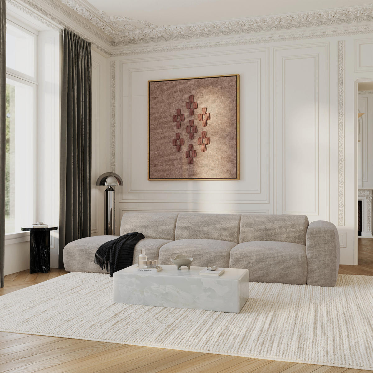 SOFA 5-Sitzer Gemusterter Samt Beige 310cm - Beige, Textil (310/73/96cm) - Sia Home