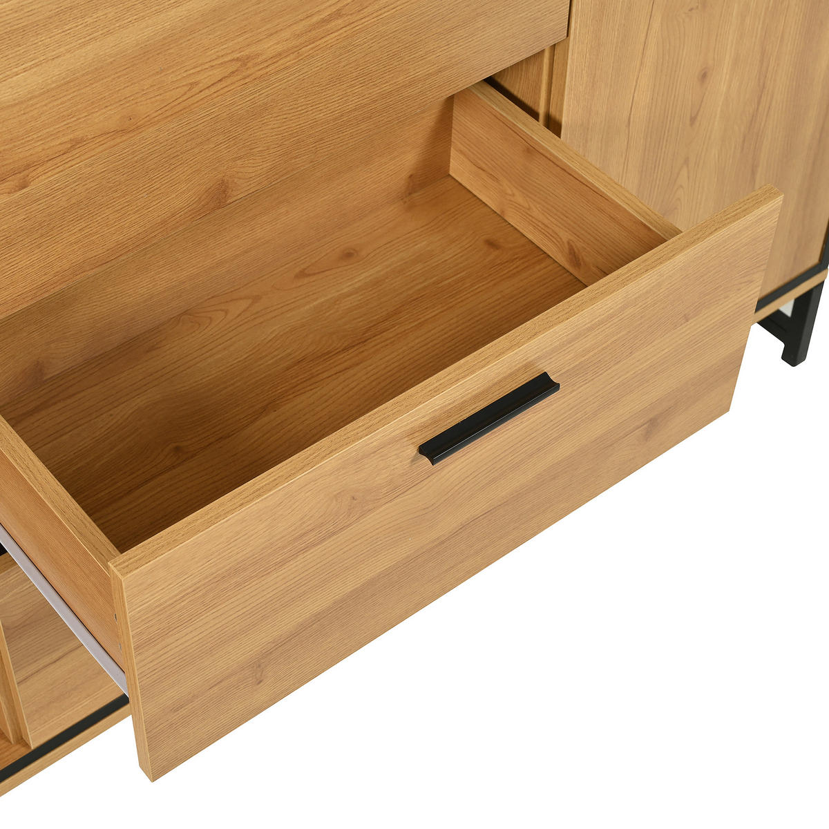 SIDEBOARD 160/40/85 cm in Holzfarbe aus Spanplatte mit 3 Schubladen und LED-Beleuchtung - Schwarz/Naturfarben, Glas/Holzwerkstoff (160/85/40cm) - CHICFURN