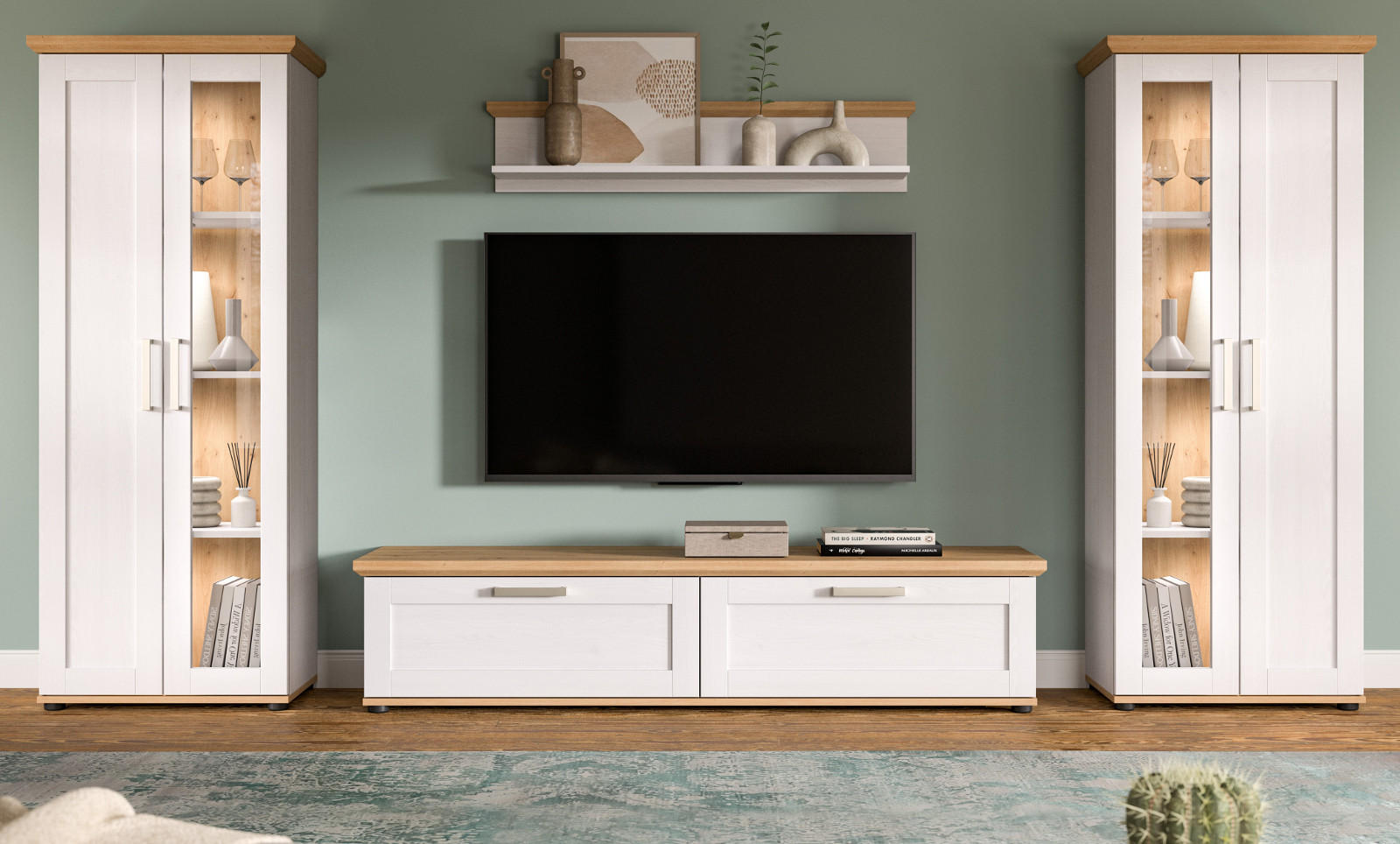 WOHNWAND 4-teilig weiß Lärche, Eiche Artisan 316 cm Landhaus, Schrankwand mit viel Stauraum - Silberfarben/Schwarz, Holzwerkstoff/Kunststoff (316/161/40cm) - Inn.Furn