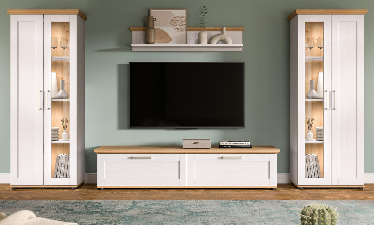 WOHNWAND 4-teilig weiß Lärche, Eiche Artisan 316 cm Landhaus, Schrankwand mit viel Stauraum - Silberfarben/Schwarz, Holzwerkstoff/Kunststoff (316/161/40cm) - Inn.Furn