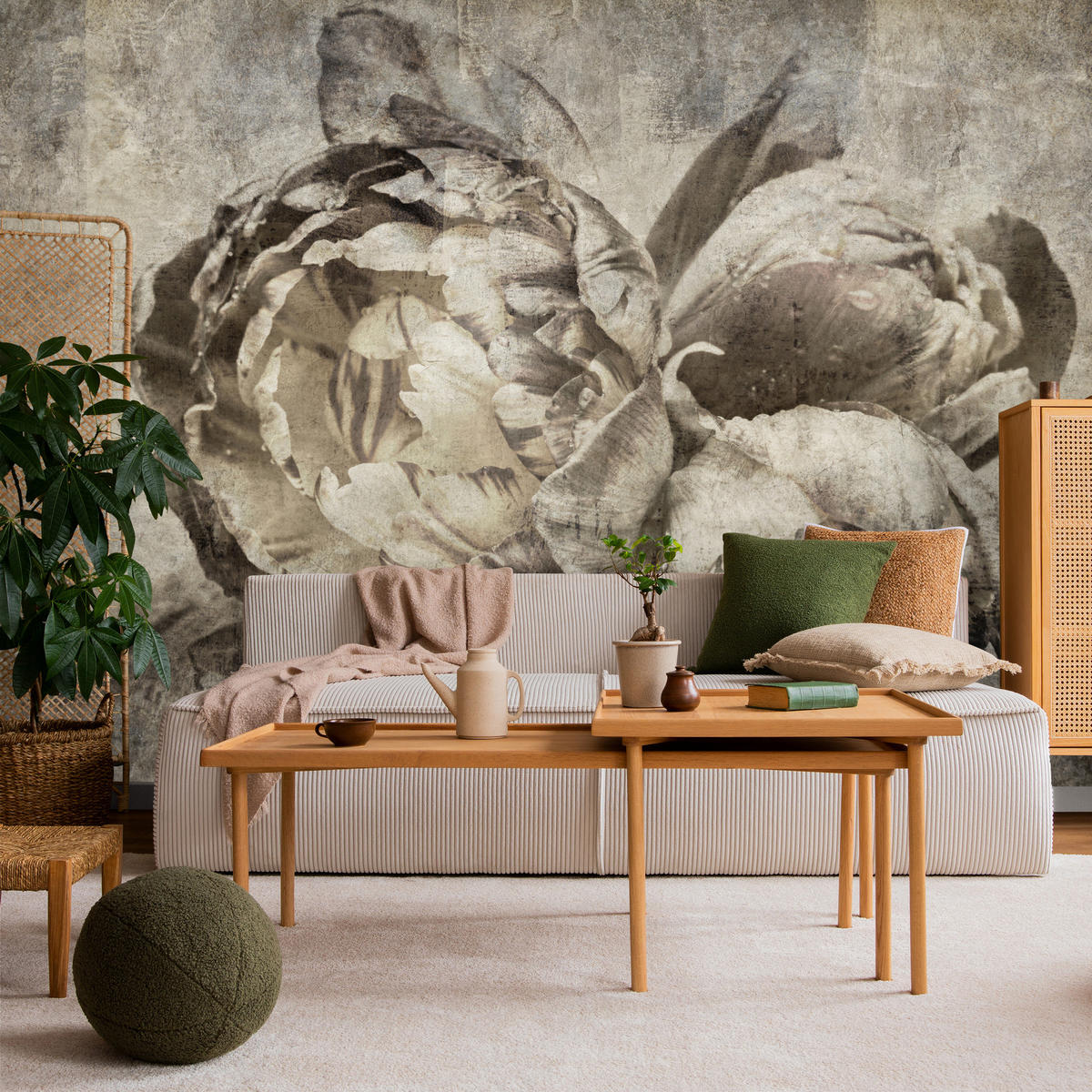 FOTOTAPETE Pfingstrosen Blumen Beton Vintage 250x175 - Beige/Braun, Papier (250/175cm) - Muralo