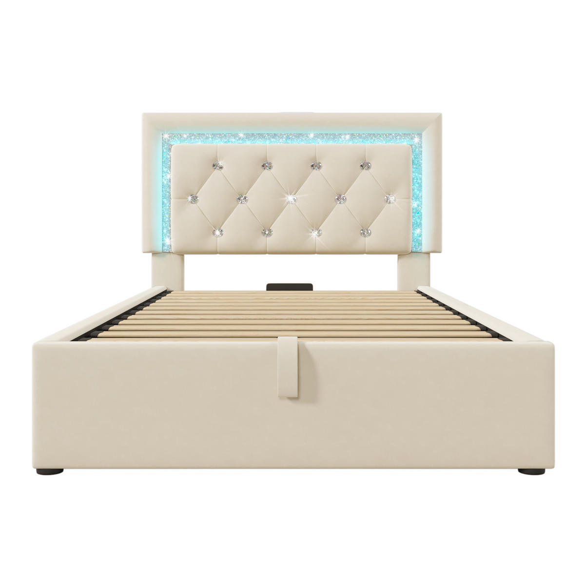 POLSTERBETT Samt 90x200 cm Beige mit LED-Beleuchtung, USB-/Type-C-Anschluss und Bettkasten - Beige, Textil (90/200cm) - IVMEU